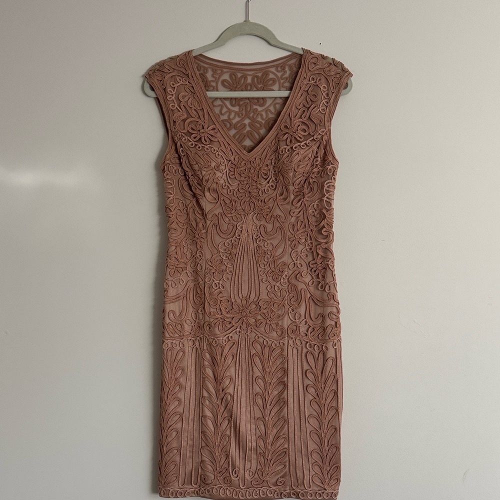 Sue Wong Blush Lace-Embroidered V-Neck Midi Dress